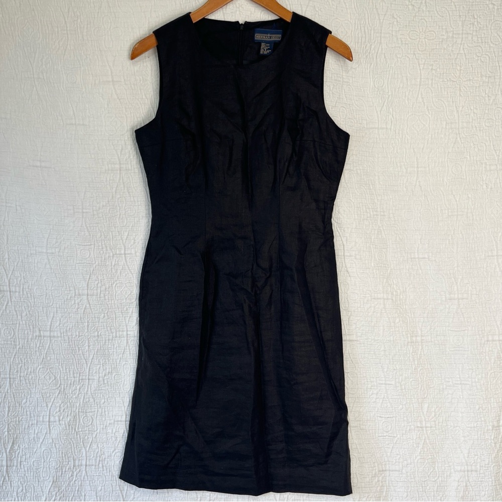 Herman Geist Linen Dress Size 6 Black Fitted Modest Career Sleeveless Lined Mini